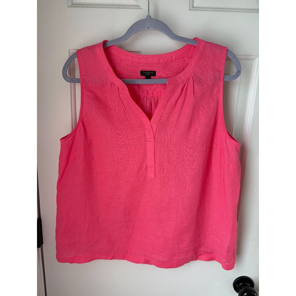 Talbots 100% Linen Coral Bright Pink Women's Tank Blouse Size Large Petite